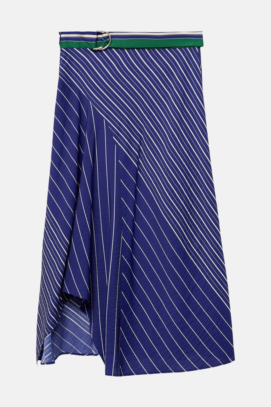 Lange blauwe rok van MANGO, met witte strepen en een groene riem met zilveren gesp.