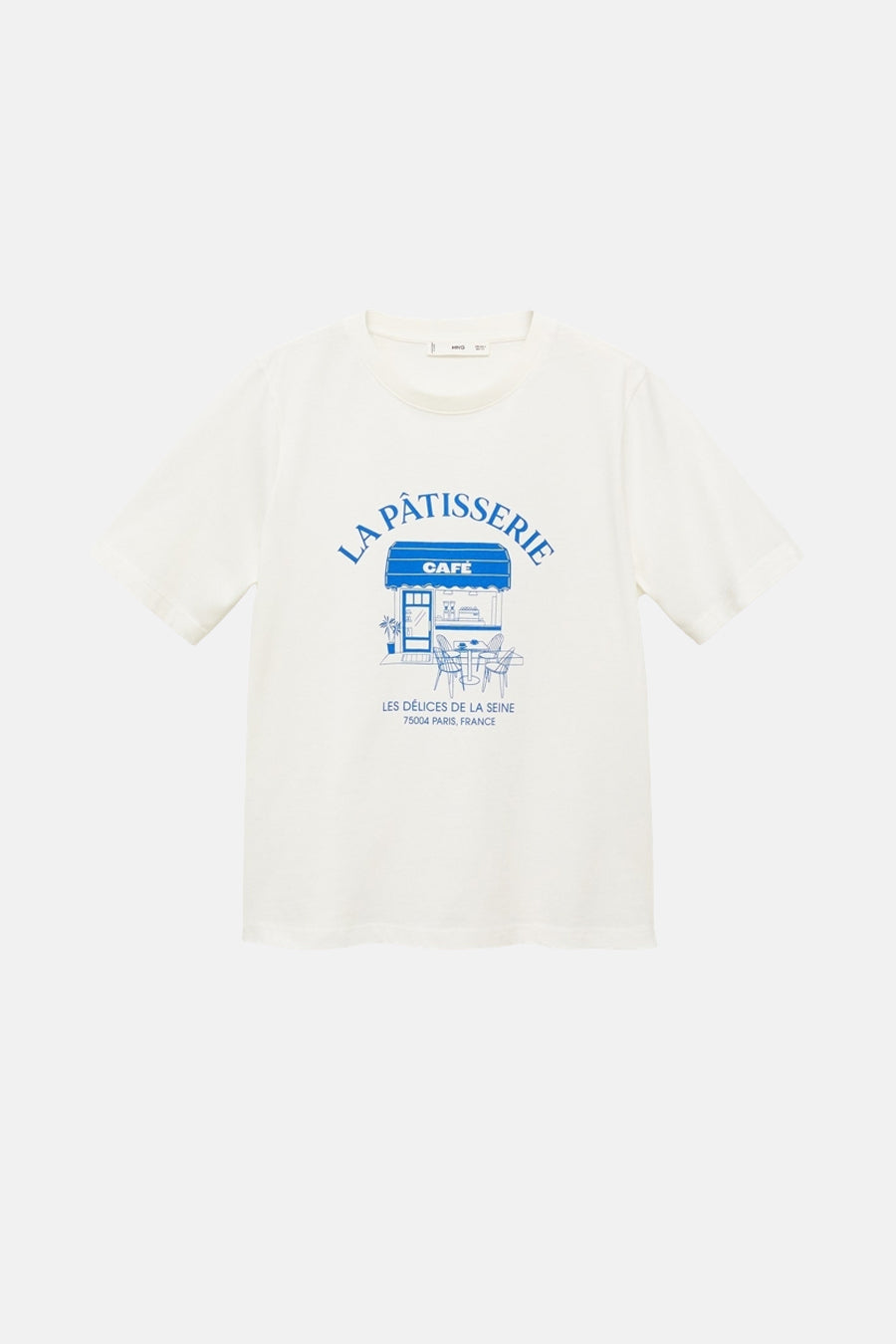 T-shirt blanc à manches courtes de MANGO, avec une impression bleue d'une pâtisserie française.