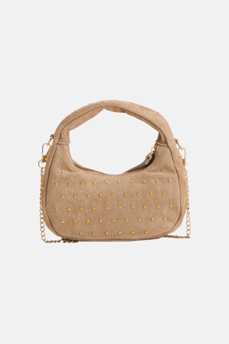 Beige handtas van suède-look van Access® met gouden studs en een kettinghengsel.