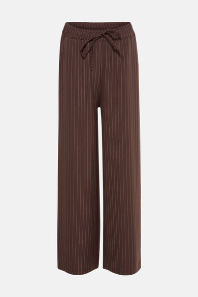Bruine broek van Terra di Siena met krijtstreep en strikceintuur.
