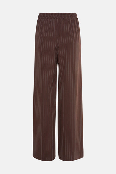 Bruine broek van Terra di Siena met krijtstreep en elastische tailleband.
