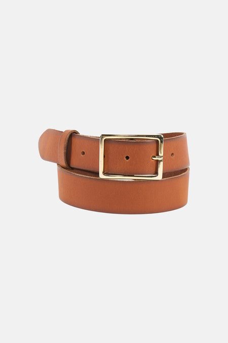 Ceinture en cuir marron Access® avec boucle dorée, présentée enroulée.