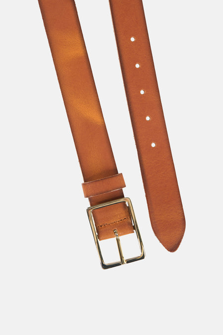 Ceinture en cuir marron Access® avec boucle et œillets dorés.