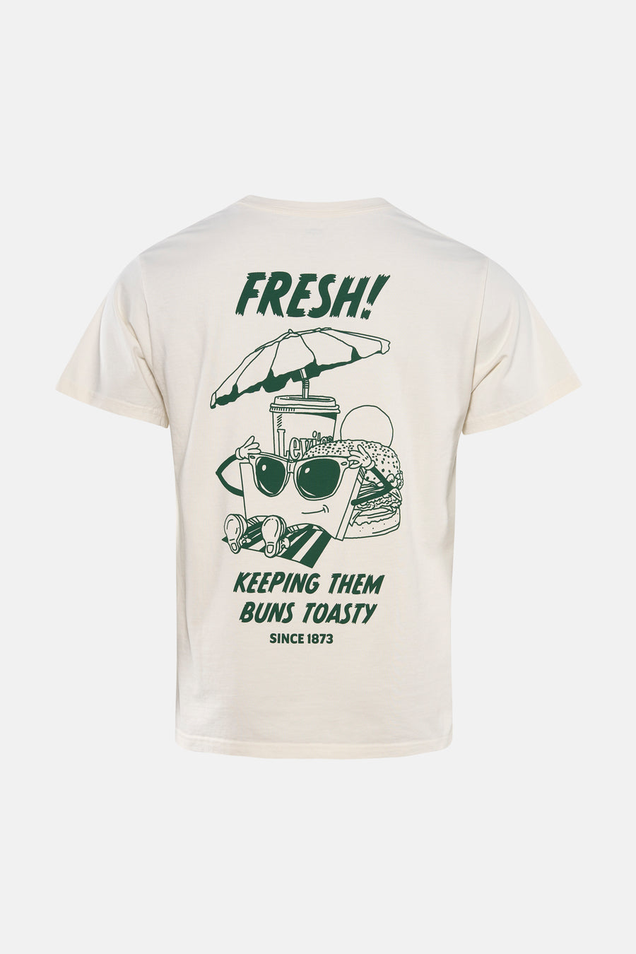Beige T-shirt met korte mouwen van Levi's® met groene opdruk van een fastfood-strandscène op de achterkant.
