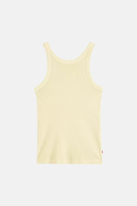 Gele top van Levi's, met een ribgebreide textuur en een klein rood merklabel aan de zijkant.
