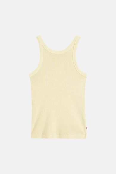 Gele top van Levi's, met een ribgebreide textuur en een klein rood merklabel aan de zijkant.
