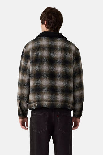 Multikleurige korte jas van Levi's, met een geruit patroon en een kraag van imitatiebont, op de rug gezien.