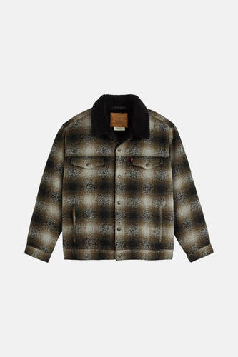 Multikleurige korte jas van Levi's® met een ruitpatroon en zwarte sherpakraag.