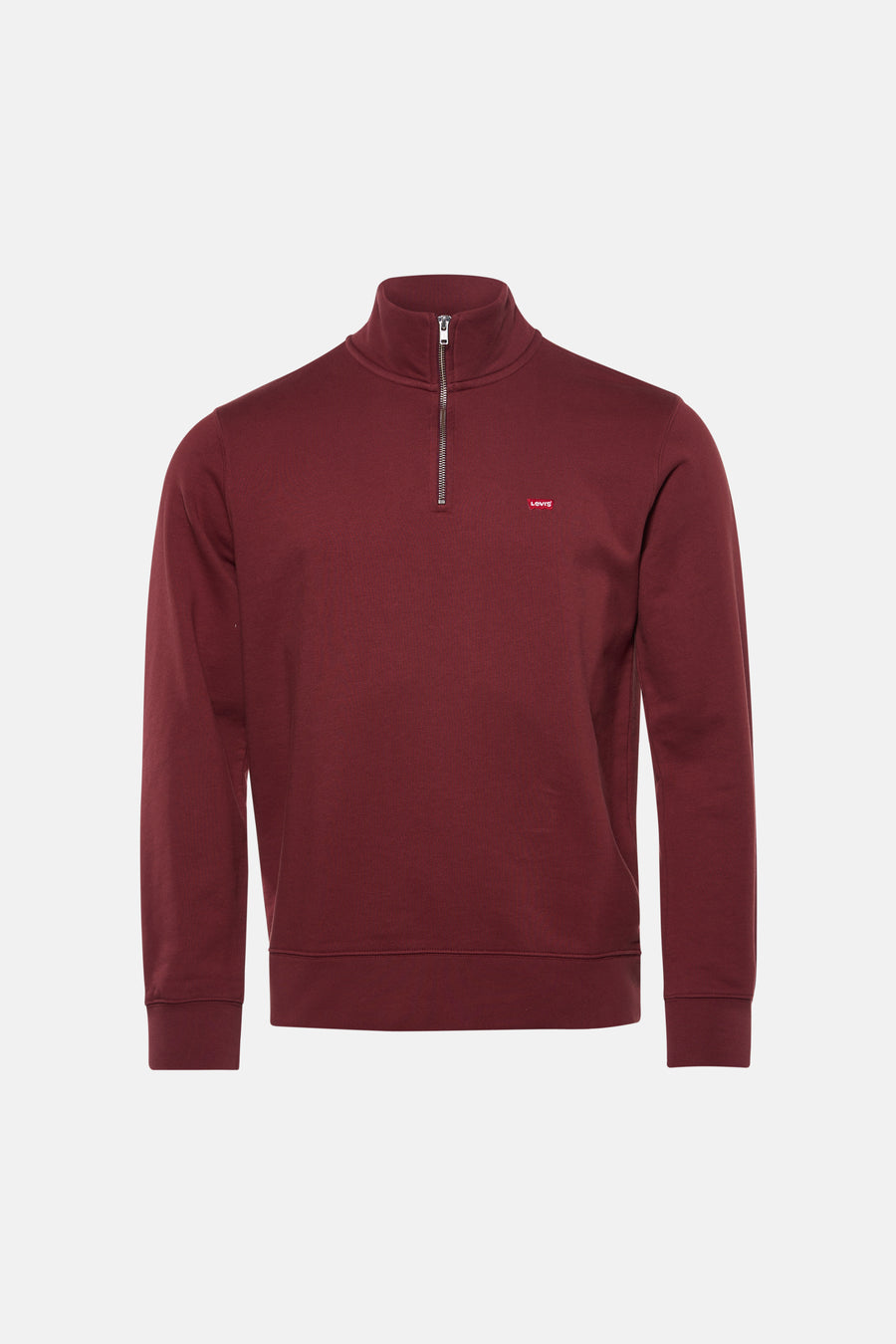 Pull Bordeaux de Levi's, à manches longues, combiné avec un jean gris et des chaussures marron, vu de dos.