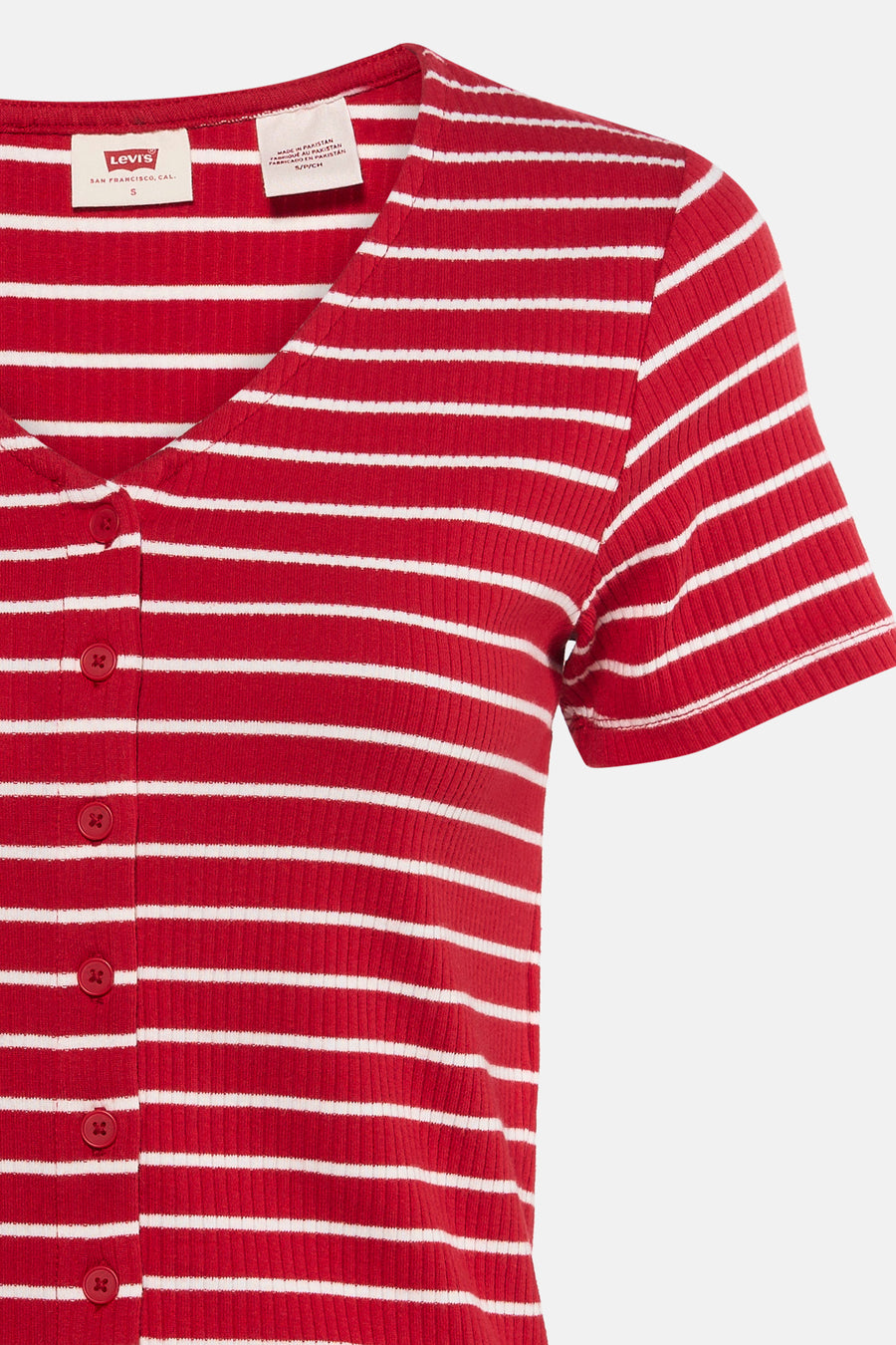 Rood gestreept T-shirt van Levi's, met korte mouwen en knoopsluiting aan de voorkant.