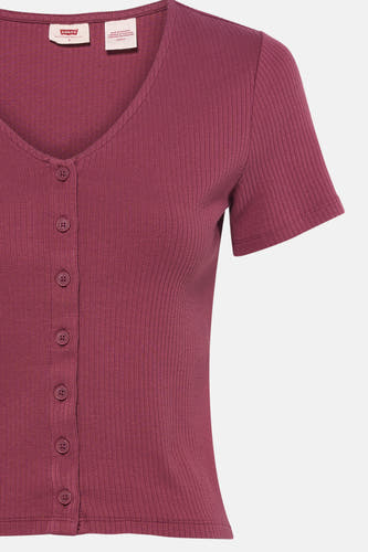 Bordeaux T-shirt met korte mouwen van Levi's, met ribstructuur en knoopsluiting aan de voorkant.

