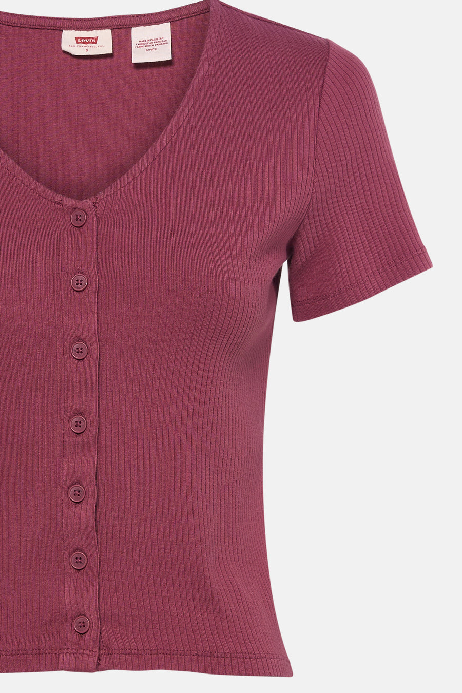 Bordeaux T-shirt met korte mouwen van Levi's, met ribstructuur en knoopsluiting aan de voorkant.
