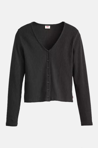 Zwart T-shirt met lange mouwen van Levi's met knoopsluiting en een ribgebreide textuur.
