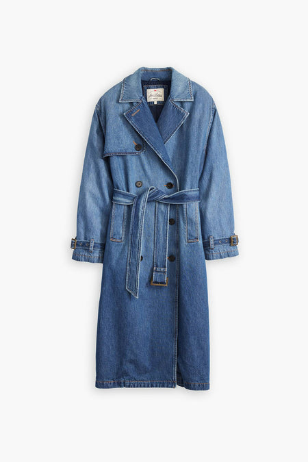Donkerblauwe denim trenchcoat van Levi's® met riem, dubbele knopen en zakken, front view