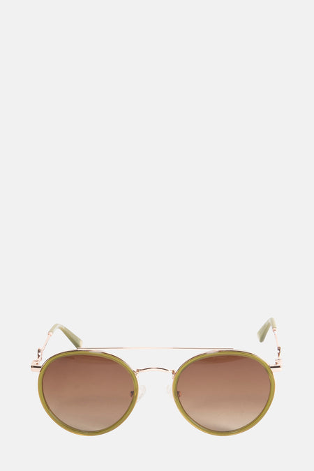 Lunettes de soleil roses d'Astrid Black Label, avec des verres marrons et un cadre vert olive.