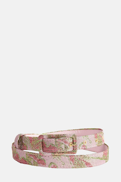 Roze riem van Astrid Black Label met een geweven jacquardmotief van bladeren en een goudkleurige gesp.
