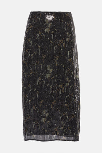 Zwarte rok van Astrid Black Label, met pailletten en een decoratief patroon.
