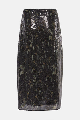 Zwarte rok van Astrid Black Label, met pailletten en een donker bloemmotief.
