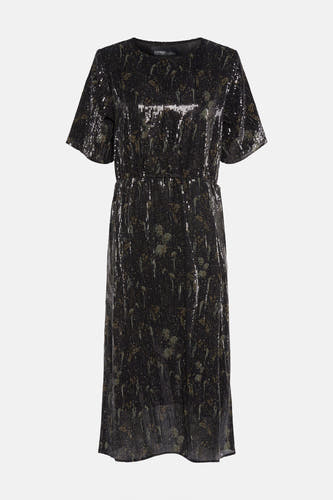 Zwarte jurk met korte mouwen van Astrid Black Label, met pailletten en een glanzende, all-over print.