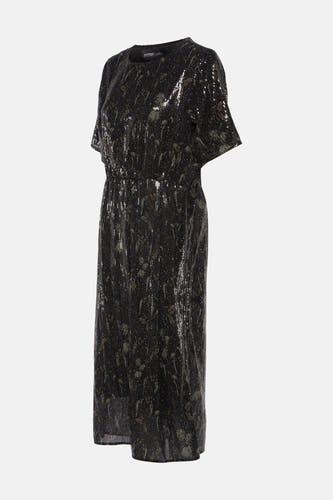 Zwarte jurk met korte mouwen van Astrid Black Label, gedetailleerd met glitters over het gehele oppervlak.