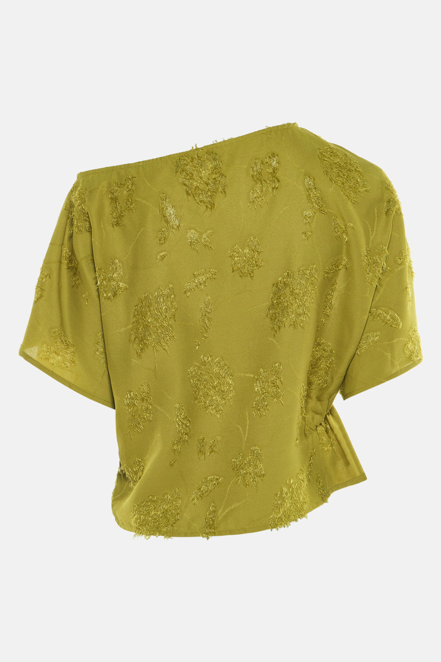 Olijfgroene blouse met bloemenborduursel, één schouder.