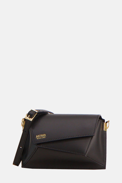 Zwarte schoudertas van Astrid Black Label, met goudkleurige details en verstelbare schouderband.
