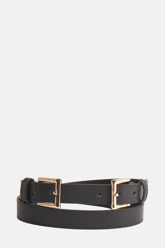 Zwarte riem van Astrid Black Label met gouden gespen, liggend op een witte achtergrond.