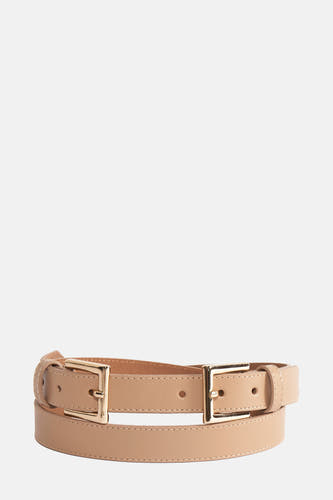 Taupe riem van Astrid Black Label met gouden gespen en stiksels.
