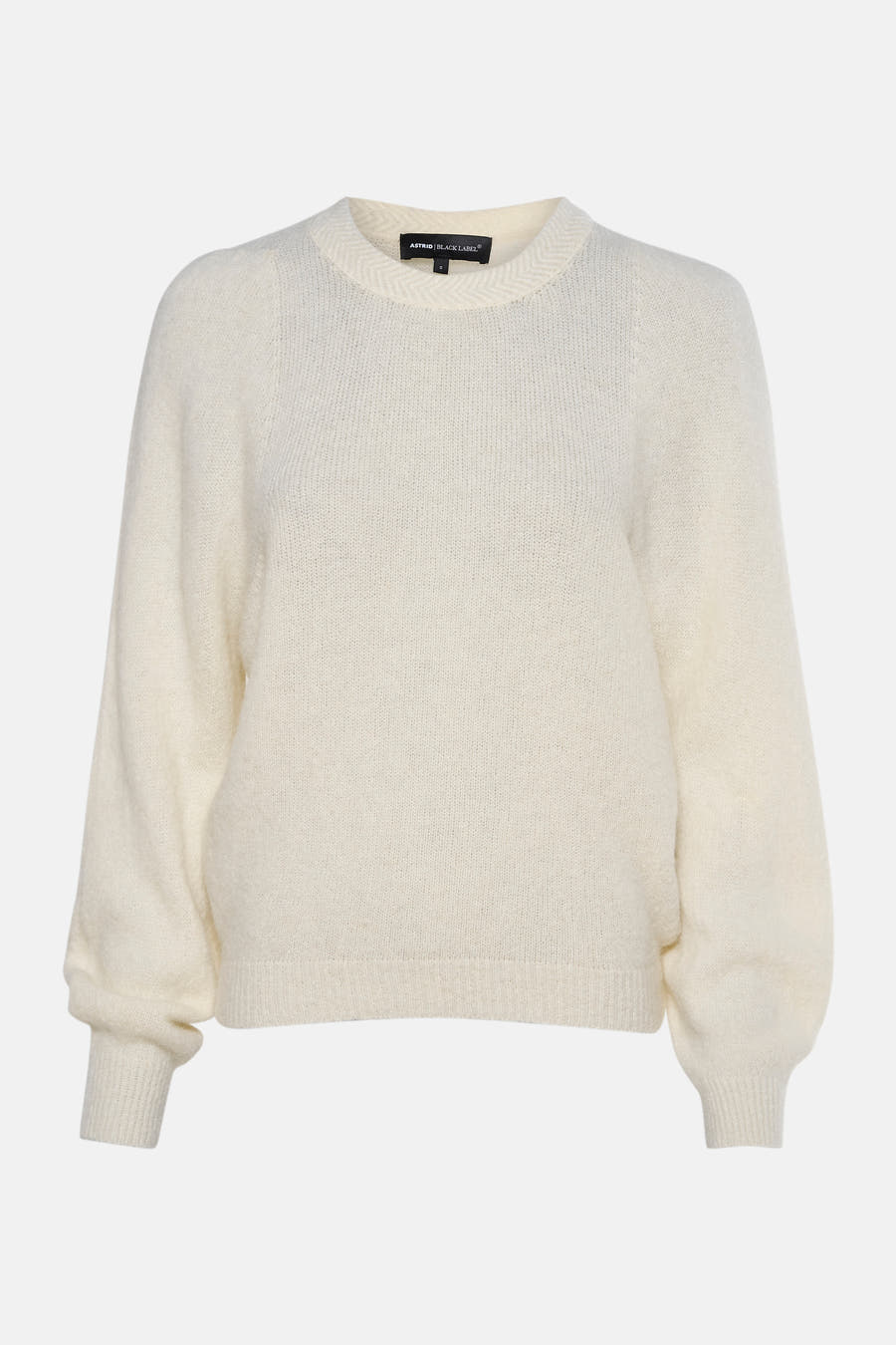 Ecru trui met ronde hals van Astrid Black Label, met lange mouwen en een fijngebreide textuur.
