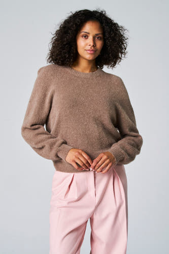 Taupe trui met ronde hals van Astrid Black Label, met lange mouwen en gecombineerd met een roze broek.
