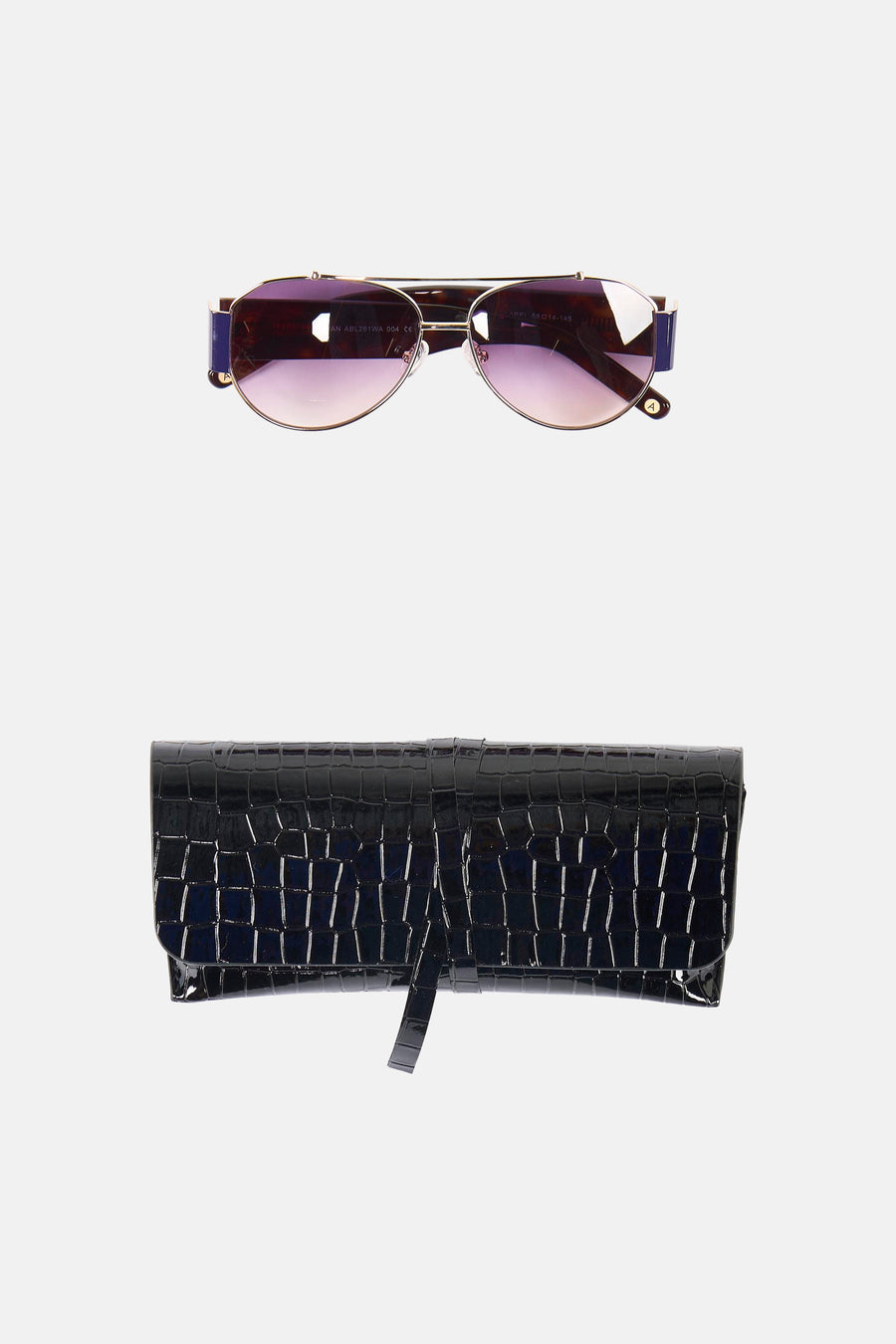 Paarse zonnebril van Astrid Black Label met een gouden montuur en blauwe details aan de zijkant.