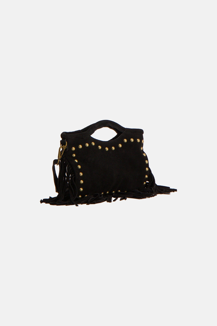 Sac à main noir Astrid Black Label avec clous dorés et franges.
