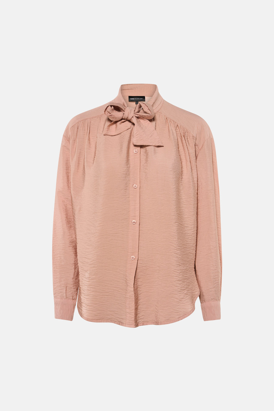Chemisier rose à manches longues d'Astrid Black Label, avec col à nœud, texture froissée et fermeture boutonnée sur le devant.