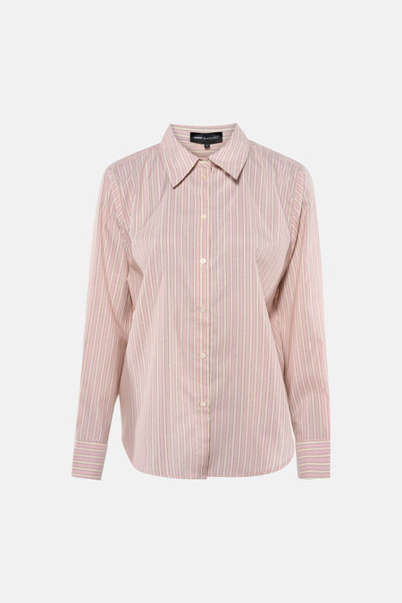 Roze hemd met lange mouwen van Astrid Black Label, met witte en grijze strepen, knoopsluiting en kraag.