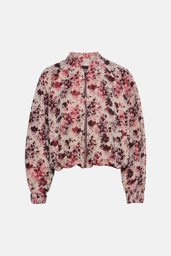 Manteau rose Astrid Black Label avec motif floral et fermeture éclair sur le devant.