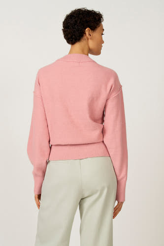 Roze V-hals trui van Astrid Black Label, gezien van achteren, gecombineerd met lichtgroene pantalon.
