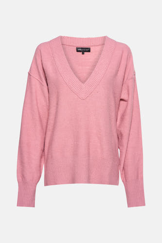 T-shirt rose à col V d'Astrid Black Label, avec longues manches et bordures côtelées.