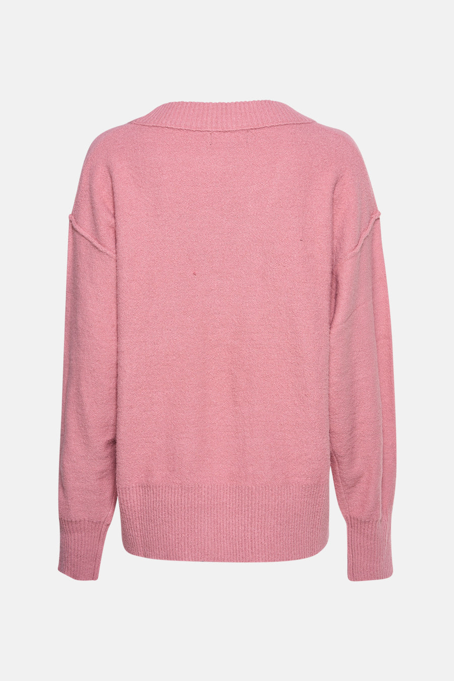 T-shirt rose à col V d'Astrid Black Label, avec des manches longues et une texture finement tricotée.