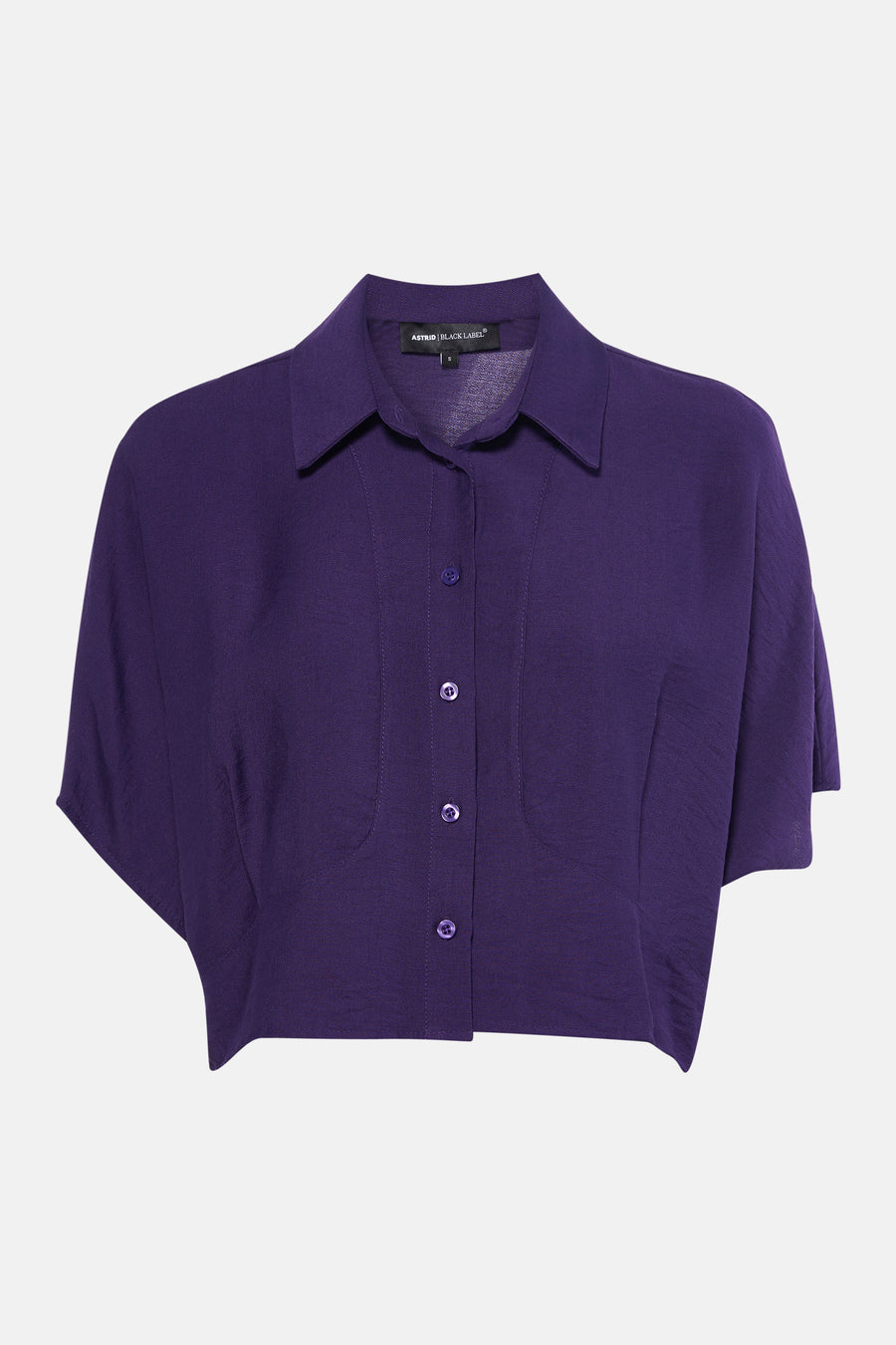 Paarse blouse met korte mouwen van Astrid Black Label, met knoopsluiting en een subtiele textuur.