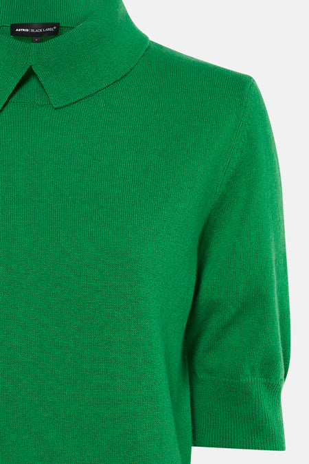 Groene korte mouwen polo van Astrid Black Label, fijn gebreid met klassieke kraag, close-up voorzijde