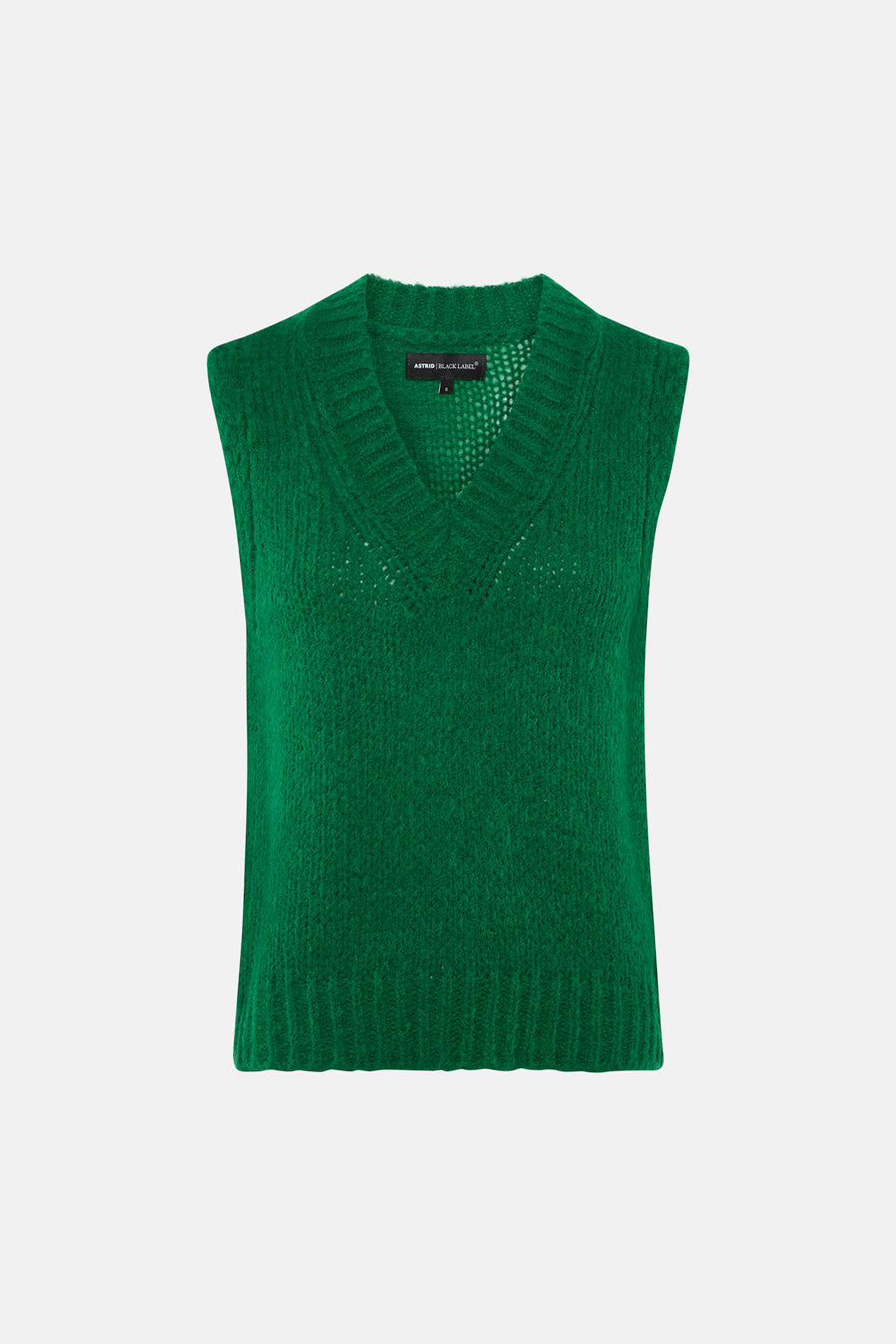 Groene mouwloze gebreide debardeur van Astrid Black Label met V-hals en ribstructuur, front view