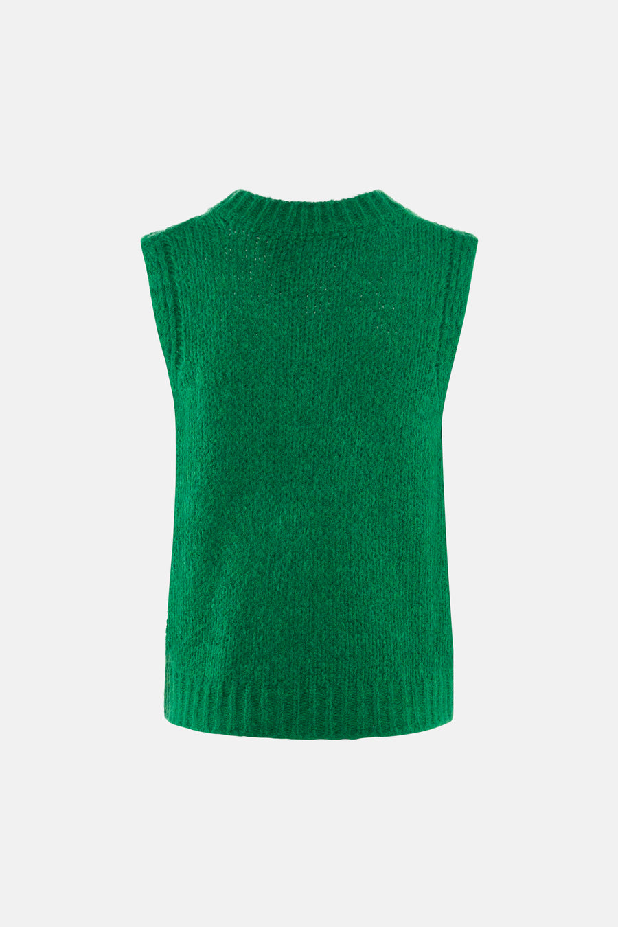 Groene mouwloze gebreide debardeur van Astrid Black Label, met ribstructuur en ronde hals, achterzijde weergegeven