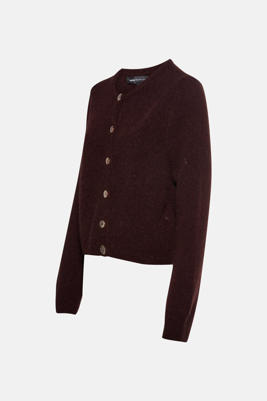 Gilet brun d'Astrid Black Label avec longues manches et boutons décoratifs.