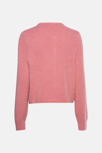 Roze gilet van Astrid Black Label met lange mouwen en een fijn gebreide textuur, achterkant weergegeven.
