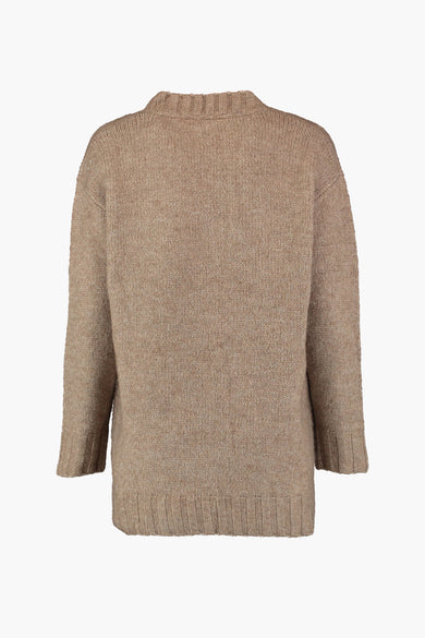 Beige gebreide gilet met lange mouwen van ZABAIONE, met geribbelde kraag, manchetten en zoom, rugzijde.