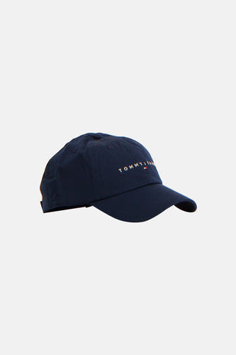 Casquette bleue de TOMMY JEANS avec logo brodé sur l'avant, en vue latérale.