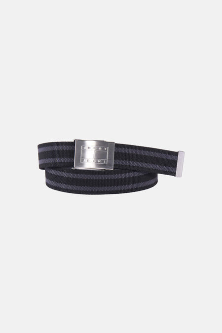 Ceinture rayée noire de TOMMY JEANS, avec boucle et finition argentées.