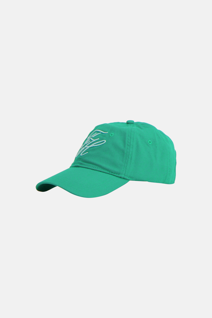 Groene pet van TOMMY JEANS met wit geborduurd logo, zij-aanzicht.