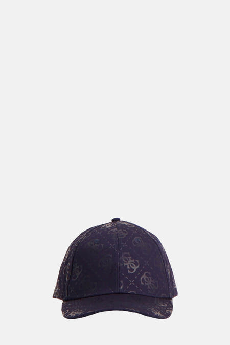 Blauwe pet van Guess met een all-over logo print en een klassieke baseball pet vorm.
