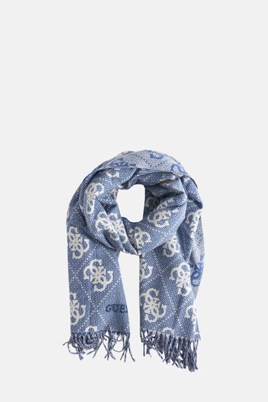Blauwe wintersjaal van Guess met wit bloempatroon en franjes.
